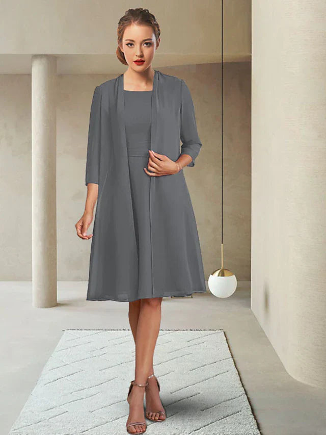 Wholesale Two Piece Sheath / Column Mother of the Bride Dress Elegant Jewel Neck Knee Length Chiffon 3/4 Length Sleeve Jacket Dresses with Ruching